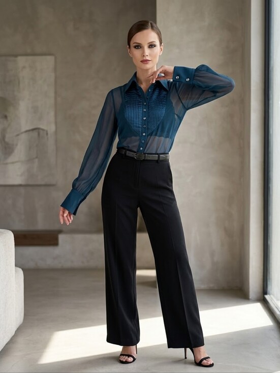 kor@kor Tops - Rare Kor@Kor Sheer  Dark Turquoise Satin Pleated Bib Button Down Blouse